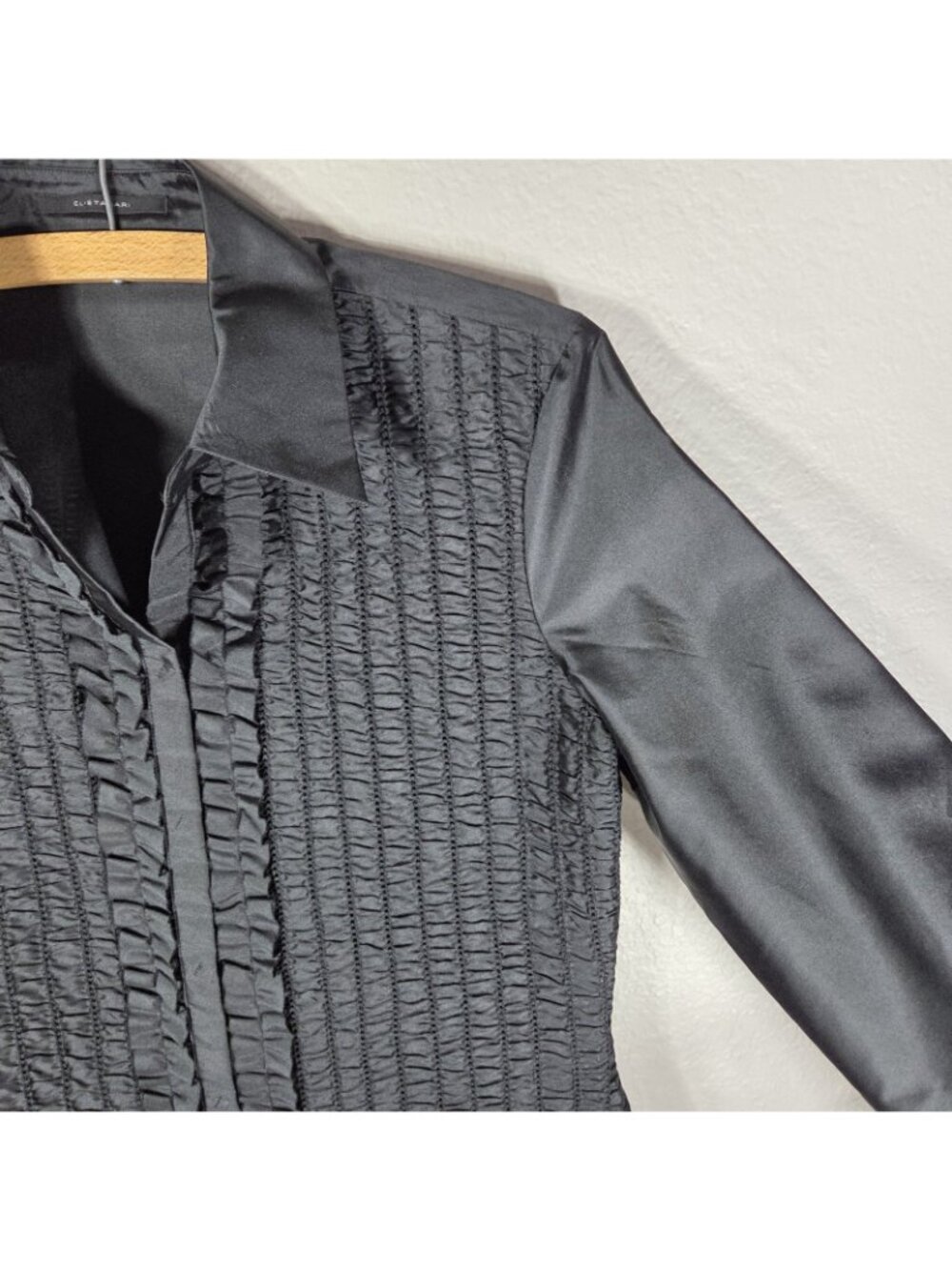 Elie Tahari Black Satin Ruched Button Front Silk Blend Shirt Blouse S Ruffle - Picture 8 of 16